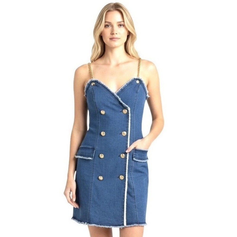 L'Atiste Blue Stretch Denim Mini Dress Bodycon Gold Buttons Chain Straps
